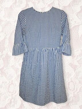 Ces Femme Blue White Seersucker Stripe Midi Dress Flutter Sleeve Small